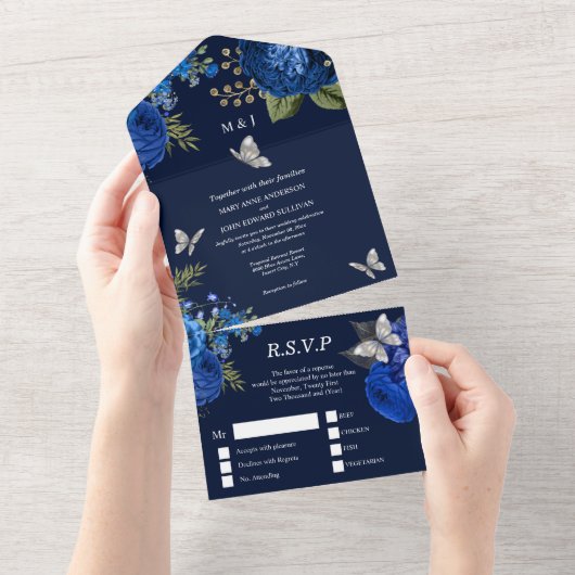 Blauwe grijze zilverkleurige roos elegant vlinderg all in one uitnodiging (Afscheurbaar)