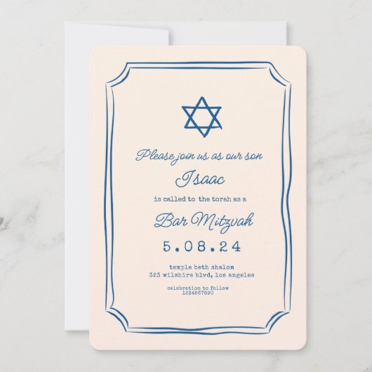 Blauwe grillige handschrift bar mitswa uitnodiging (Voorkant)