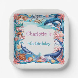 Blauwe grillige zeemeermin vis haai verjaardag papieren bordje