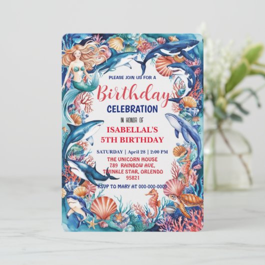 Blauwe grillige zeemeermin vis haai verjaardag save the date (Staand voorkant)