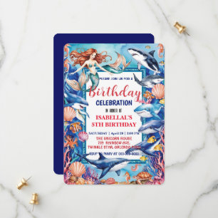 Blauwe grillige zeemeermin vis haai verjaardag save the date