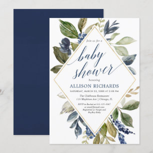 Blauwe groene bladerzoen baby shower geometrisch kaart