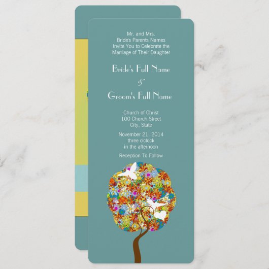 Blauwe Groene Bloemen en Bijen Bruiloft Uitnodigin Kaart (Voorkant / Achterkant)