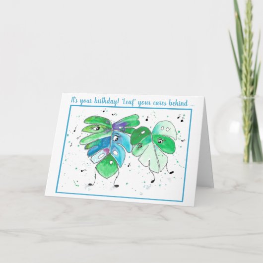 Blauwe groene dansende blaasjes op een verjaardags kaart (Voorkant)