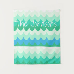 Blauwe, groene en Blauwgroen geometrische Zee golv Wandkleed