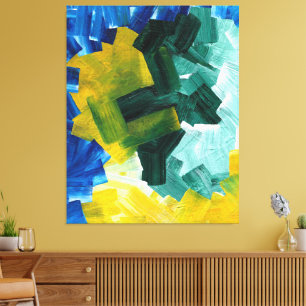 Blauwe, groene en gele Abstracte penseelstreken Canvas Afdruk