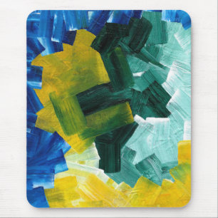 Blauwe, Groene en Gele Abstracte Penseelstreken Muismat