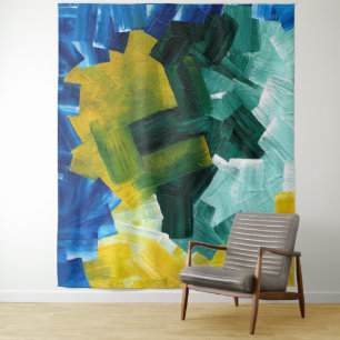 Blauwe, groene en gele Abstracte penseelstreken Wandkleed