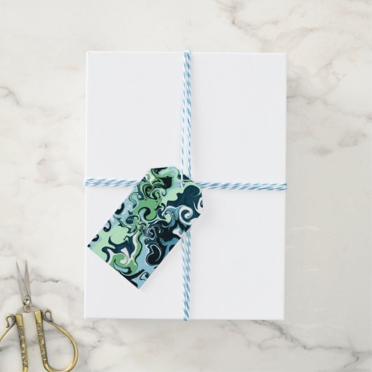 Blauwe, groene en witte ziren Abstracte fluïde kun Cadeaulabel (Met Touw)
