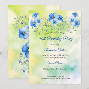 Blauwe groene Floral Waterverf Birthday Party Kaart