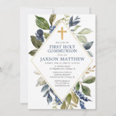 Blauwe groene foliage jongen eerste heilige commun kaart (Voorkant)