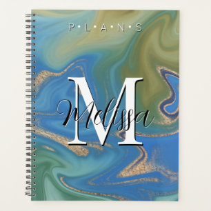 Blauwe groene & goudmatige Abstracte monogram Plan Planner