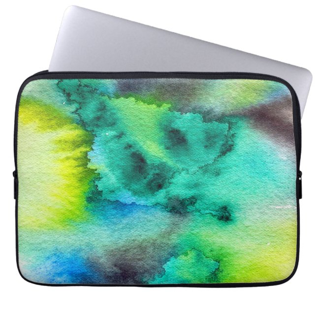 Blauwe groene marmer-kleurstof waterverf laptop sleeve (Voorkant)