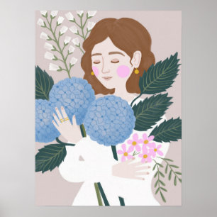  Blauwe Groene Meisjes Floral Illustratie Poster