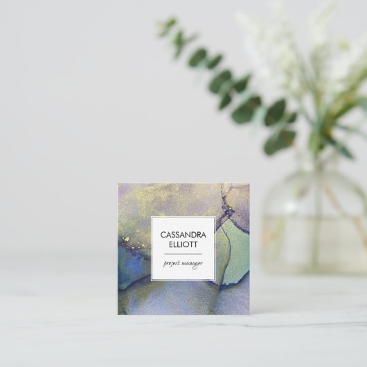 Blauwe, groene, Paarse en gouden Abstracte vloeien Vierkante Visitekaartje (Staand voorkant)