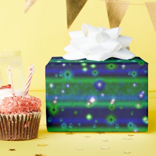 Blauwe groene strepen met sterren en regendruppels cadeaupapier (Verjaardagsfeest)