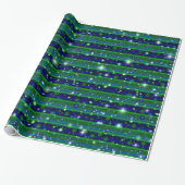Blauwe groene strepen met sterren en regendruppels cadeaupapier (Uitgerold)