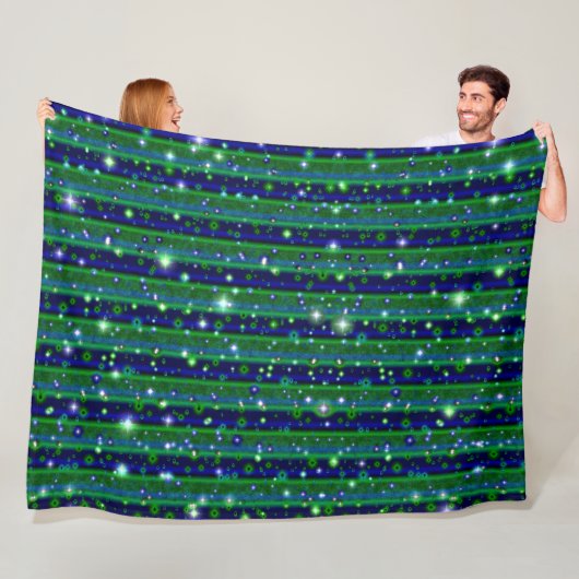 Blauwe groene strepen met sterren en regendruppels fleece deken (In situ)