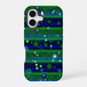 Blauwe groene strepen met sterren en regendruppels iPhone 16 hoesje