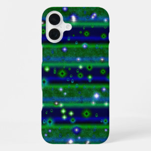 Blauwe groene strepen met sterren en regendruppels iPhone 16 plus hoesje