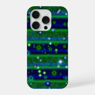 Blauwe groene strepen met sterren en regendruppels iPhone 15 pro hoesje