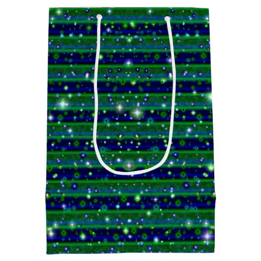 Blauwe groene strepen met sterren en regendruppels medium cadeauzakje (Achterkant)