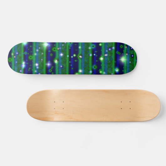 Blauwe groene strepen met sterren en regendruppels skateboard (Horizontaal)