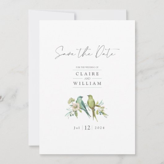 Blauwe groene vogels Floral Waterverf Weddenschap Save The Date (Voorkant)