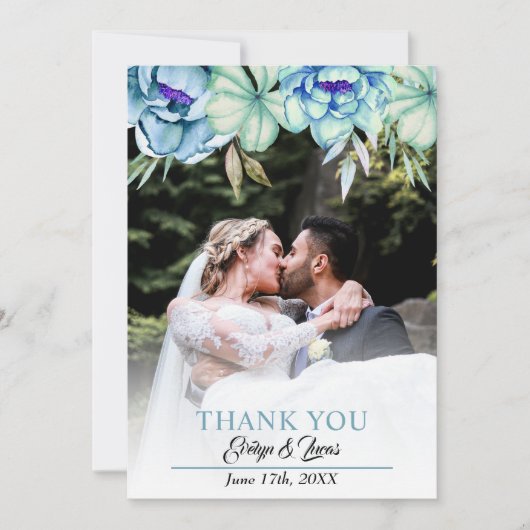 Blauwe, groene waterverf bloemen bloemen bloemen b bedankkaart (Voorkant)