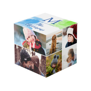 Blauwe groene Waterverf Monogram Foto Collage Kubus