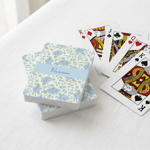 Blauwe Groene Wilde Bloem Waterverf Monogram Naam Pokerkaarten