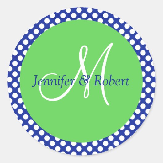 Blauwe groene witte poka Dot Monogram Envelope Sea Ronde Sticker (Voorkant)
