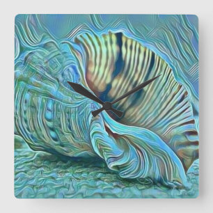 Blauwe groene zeeschelpen op het strand schilderen vierkante klok