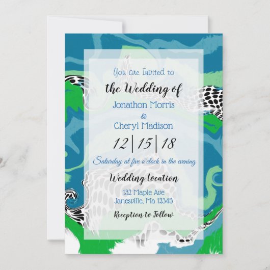 Blauwe, groene zwarte en witte marmer bruiloft kaart (Voorkant)