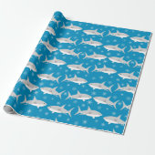 Blauwe haai en sneeuwvlok kerstontwerp cadeaupapier (Uitgerold)