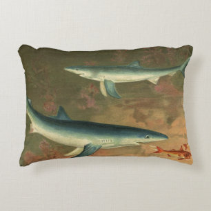 Blauwe haaien die vis eten, antieke zeeleven accent kussen