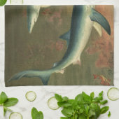 Blauwe haaien die vis eten, antieke zeeleven theedoek (Gevouwen)