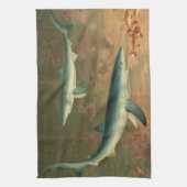 Blauwe haaien die vis eten, antieke zeeleven theedoek (Verticaal)