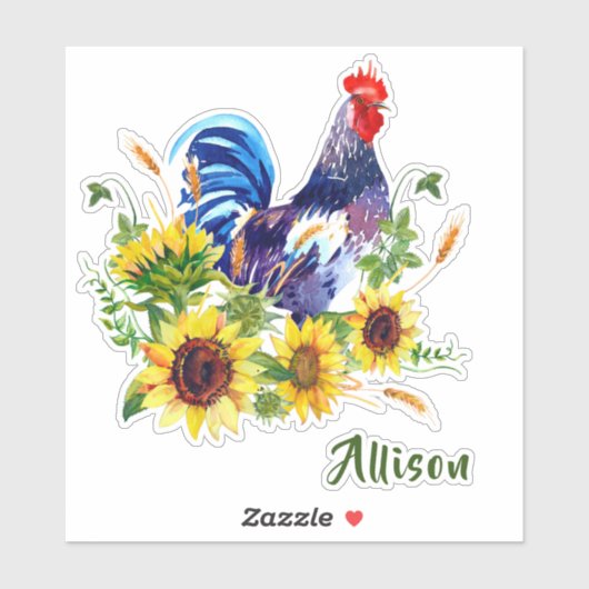 Blauwe Haan met Zonnebloemen Naam Sticker (Vel)