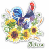 Blauwe Haan met Zonnebloemen Naam Sticker (Voorkant)