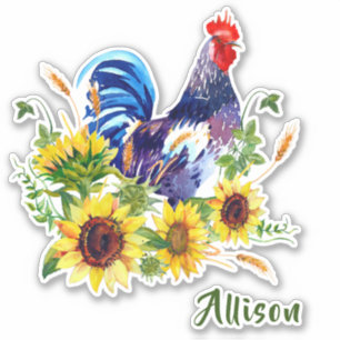 Blauwe Haan met Zonnebloemen Naam Sticker