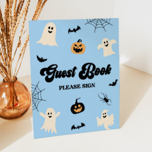 Blauwe Halloween Spooky gastenboek Reclamebord Met Voetstuk