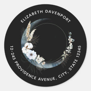 Blauwe Halve Maan met Witte Bloemen Adres Ronde Sticker
