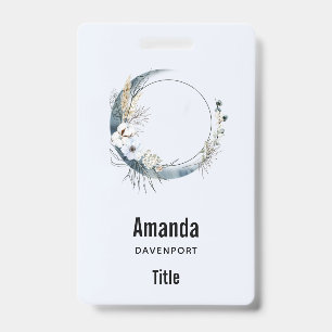 Blauwe halve maan met witte bloemen badge