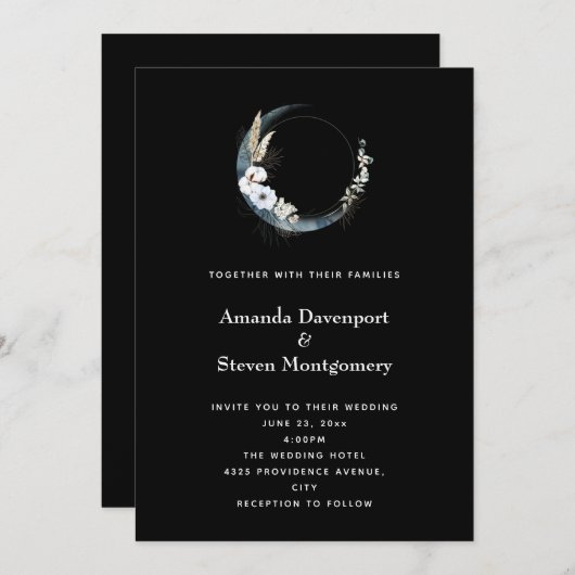 Blauwe halve maan met witte bloemen bruiloft kaart (Voorkant / Achterkant)