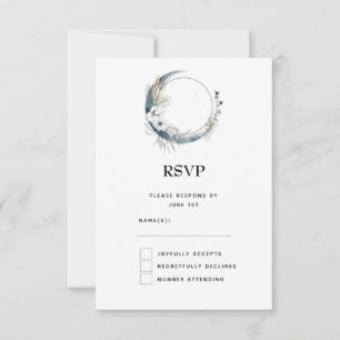 Blauwe halve maan met witte bloemen bruiloft RSVP kaartje