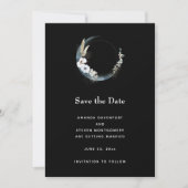 Blauwe halve maan met witte bloemen bruiloft save the date (Voorkant)