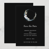 Blauwe halve maan met witte bloemen bruiloft save the date (Voorkant / Achterkant)