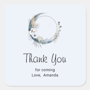 Blauwe Halve Maan met Witte Bloemen Dank U Vierkante Sticker