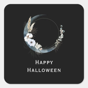 Blauwe halve maan met witte bloemen Halloween Vierkante Sticker